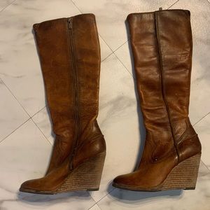 Frye Leather Knee High Wedge Boots in Brown Zip Up